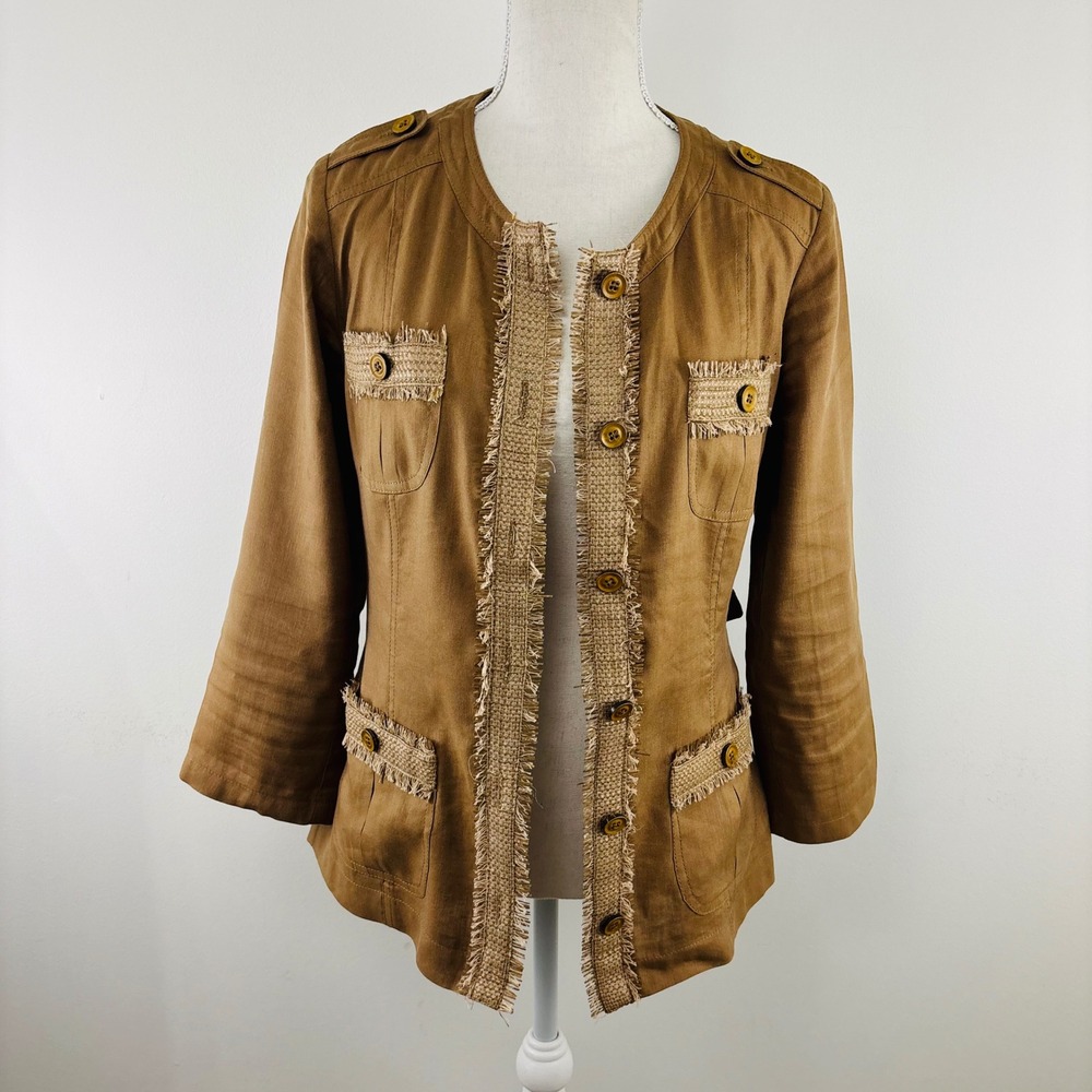 Vintage Luisa Spagnoli Tan Brown Safari Fringe Jacket Blazer Italian Viscose 42